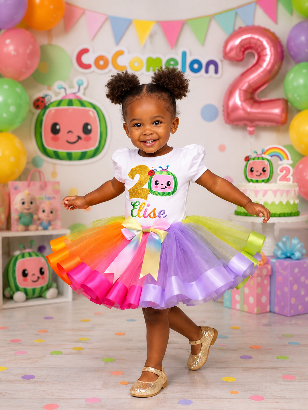 personalized cocomelon birthday outfit featuring an embroidered birthday shirt with custom name colorful rainbow tutu skirt for girls.