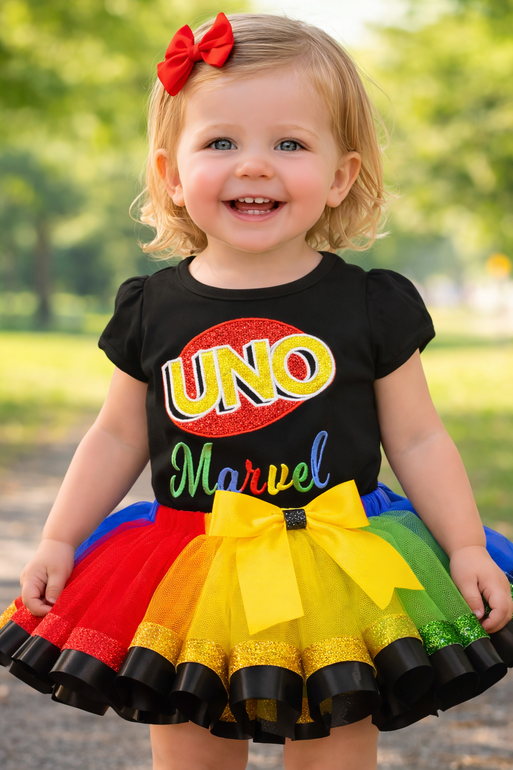 Shop a personalized first birthday UNO outfit for girls. Custom name & age embroidered. Perfect for cake smash, photos, and birthday parties.