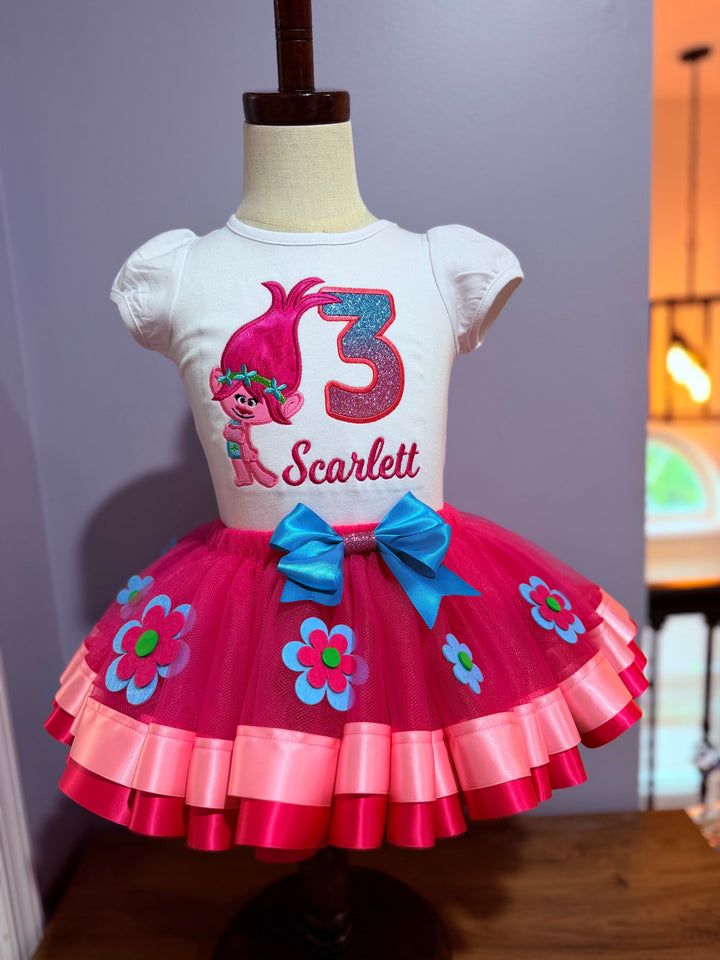 Personalized Poppy 3rd birthday outfit for girls with embroidered shirt and pink double ribbon tutu