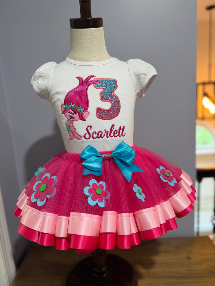 Personalized girls Poppy birthday outfit with glitter number 3 shirt and pink ribbon trim tutu