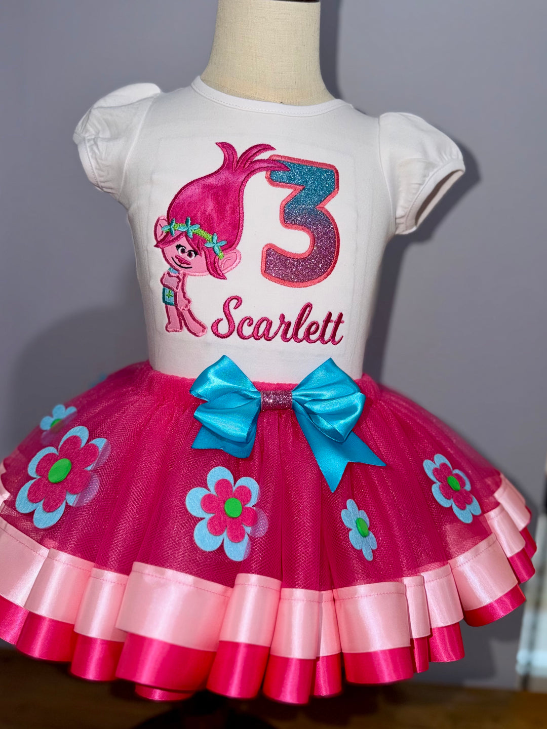 Girls Trolls 3rd birthday shirt featuring Poppy and personalized name with pink layered tutu skirt