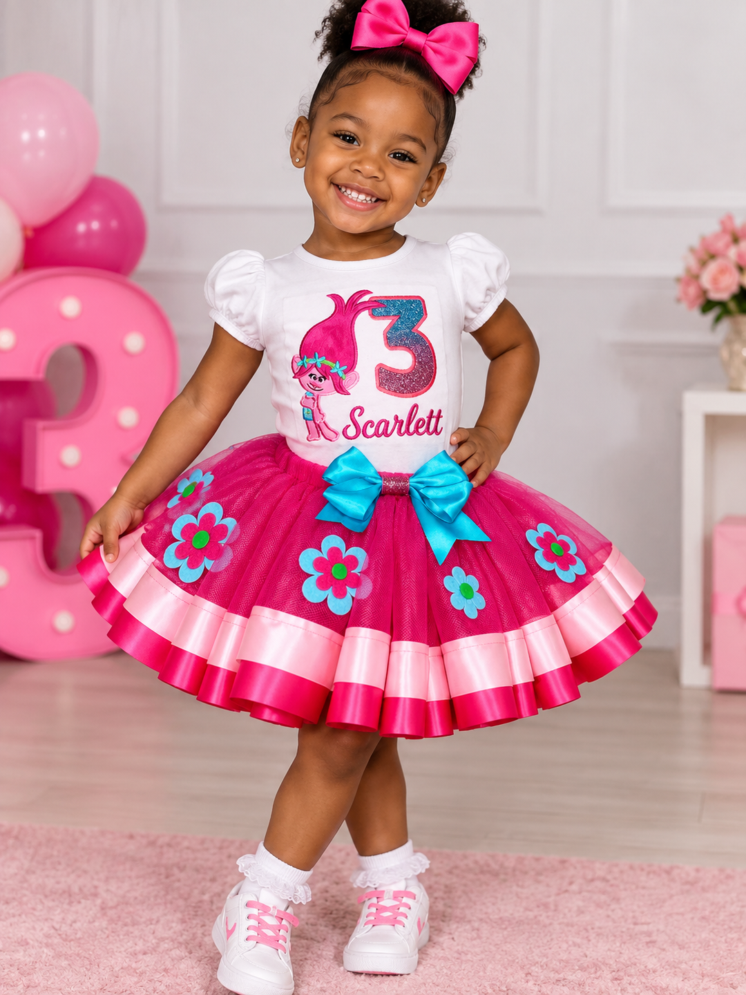 Pink Poppy Trolls 3rd birthday outfit for girls with personalized name shirt and flower tutu skirt