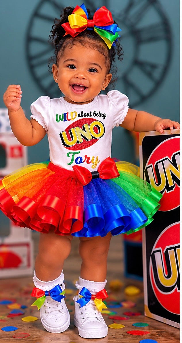     Custom embroidered UNO birthday shirt with rainbow ribbon tutu and matching bow