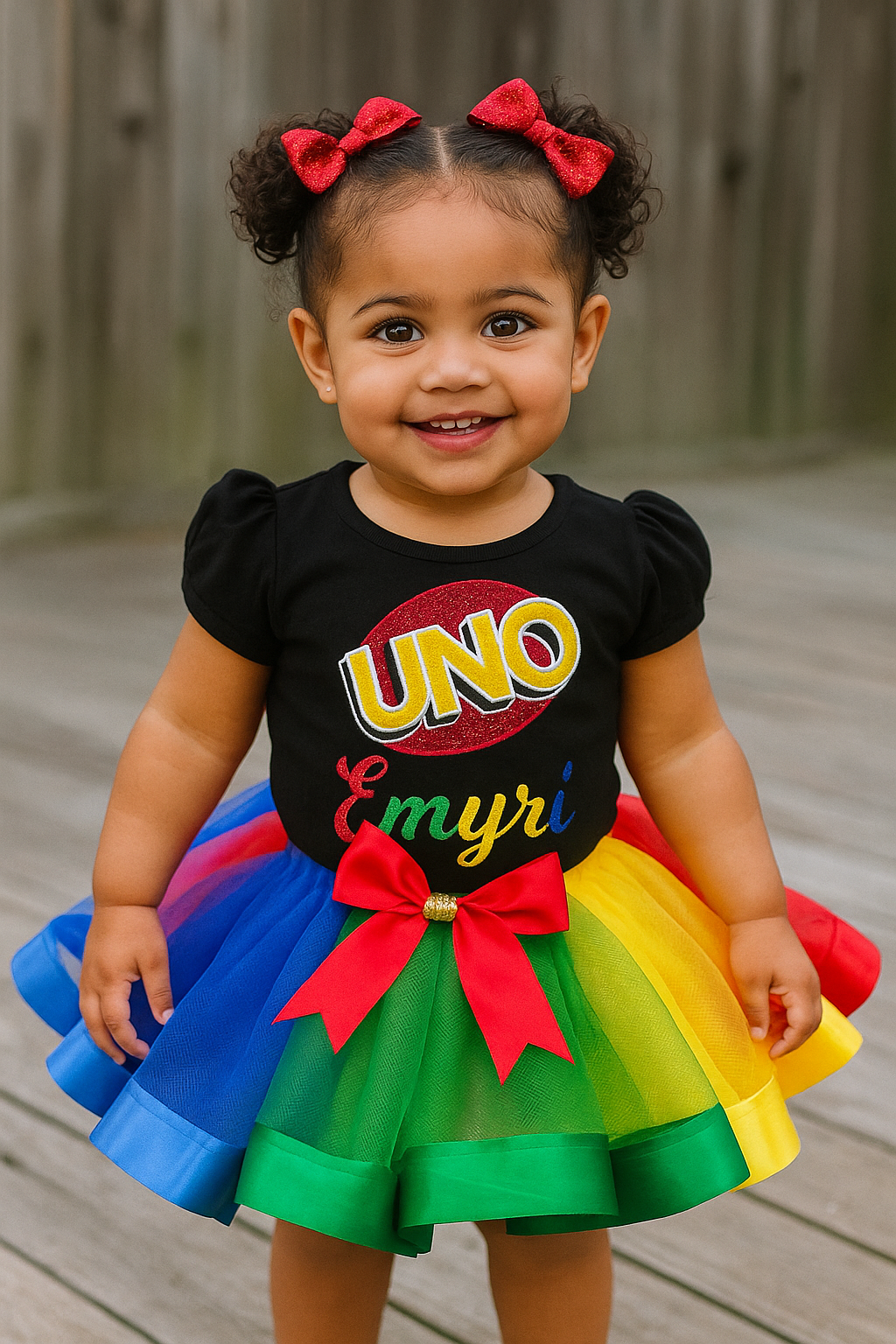 Child wearing a colorful outfit with 'UNO' and 'Emyré' on a wooden deck.