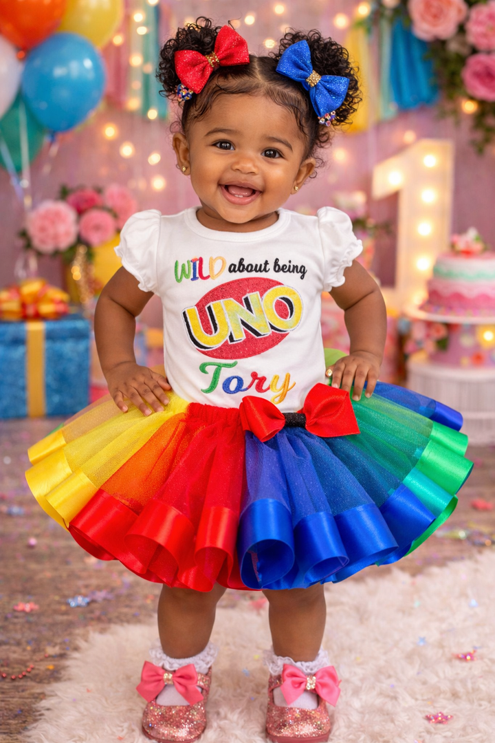     Personalized UNO first birthday outfit for girls with colorful tutu and embroidered name