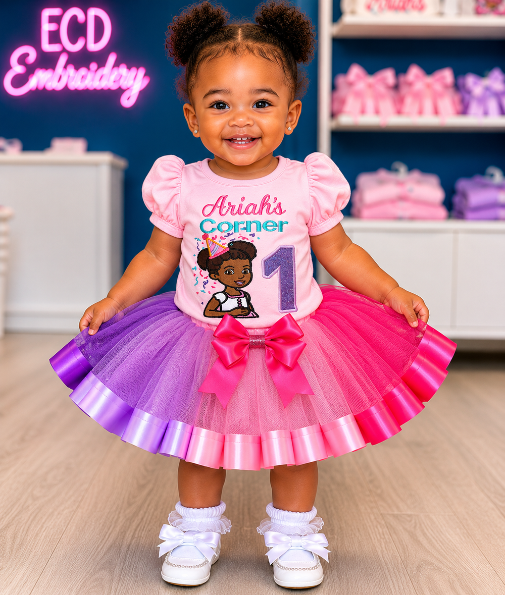 custom first birthday tutu outfit for girls with personalized birthday shirt, boutique ribbon trim tutu and coordinated birthday accessories