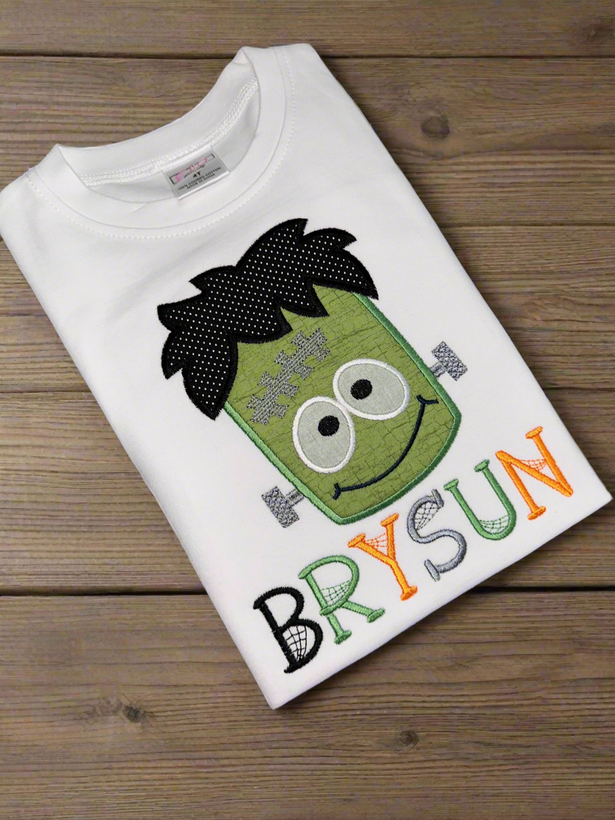     Personalized Frankenstein Halloween shirt for kids with colorful embroidered monster design
