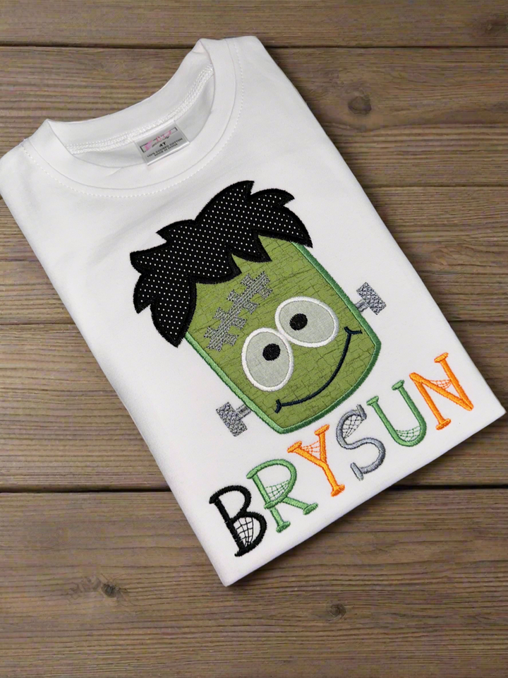     Personalized Frankenstein Halloween shirt for kids with colorful embroidered monster design