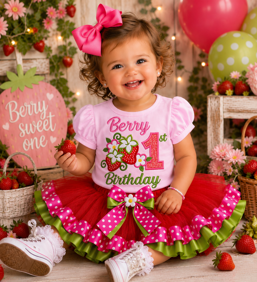 Child celebrating a berry-themed first birthday with decorations and props.
