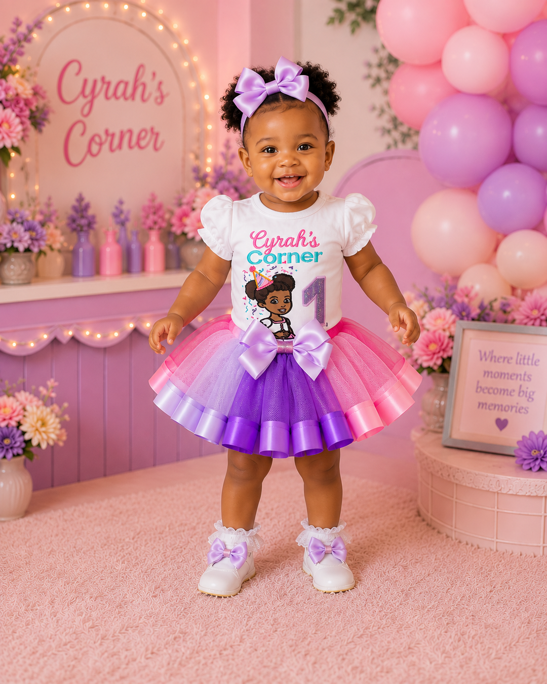 personalized first birthday outfit for girls featuring a custom birthday shirt, pink and purple ribbon trim tutu skirt and matching bow accessories