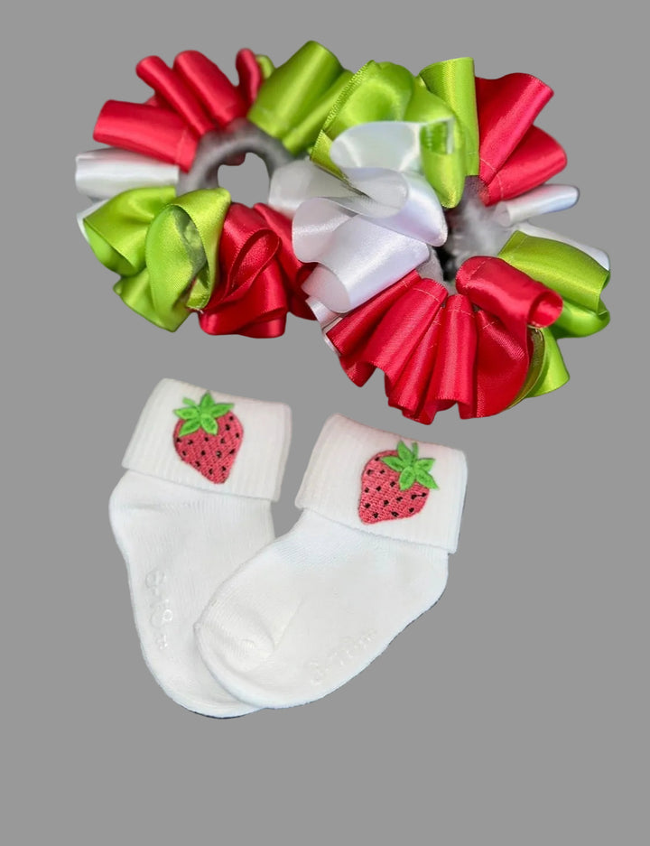 apple green, white and pink ribbon ruffles with matching socks. strawberry